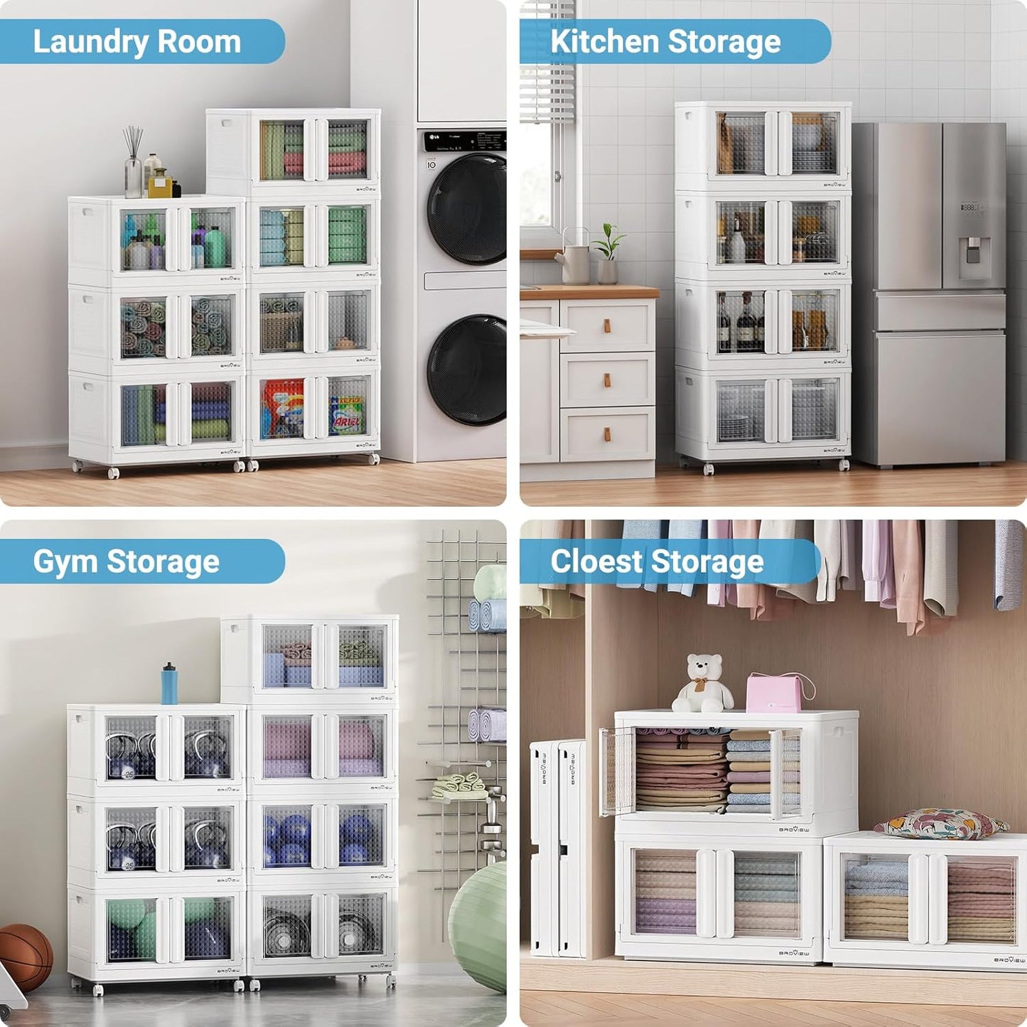 BROVIEW 120Gal Stackable Storage Bins with Lids & Wheels, 480Qt Plastic Collapsible Closet Organizer and Storage Drawers, Storage Boxes Cabinets for Home, Office, 6 Pack, White