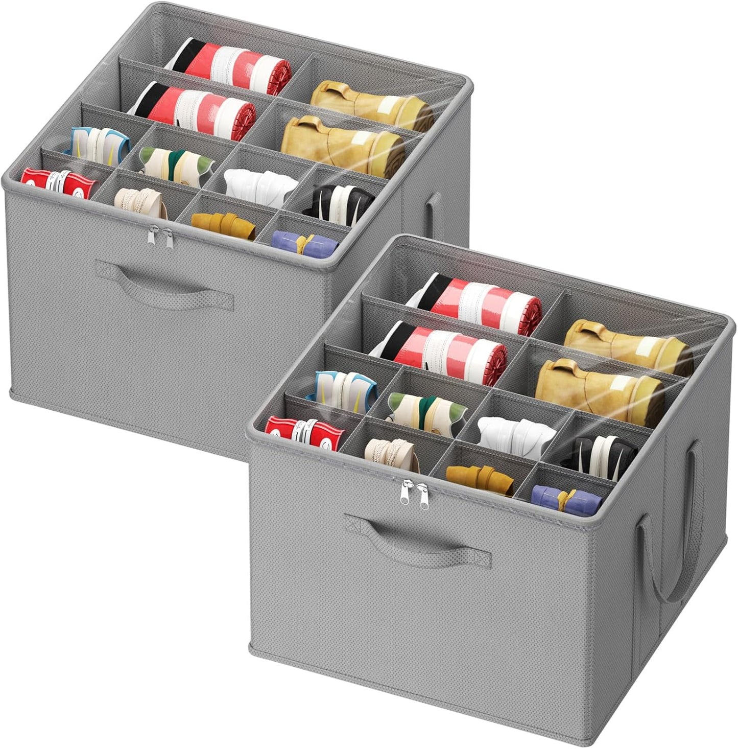 Lifewit Shoe Storage Organizer for Closet Fits 12-16 Pairs, Fabric Large Shoe Box Storage Containers with Clear Cover, Foldable Bins Fit for Boots Sneakers 17"(L) x 17"(W) x 12.5"(H) 2 Pack Light Gray