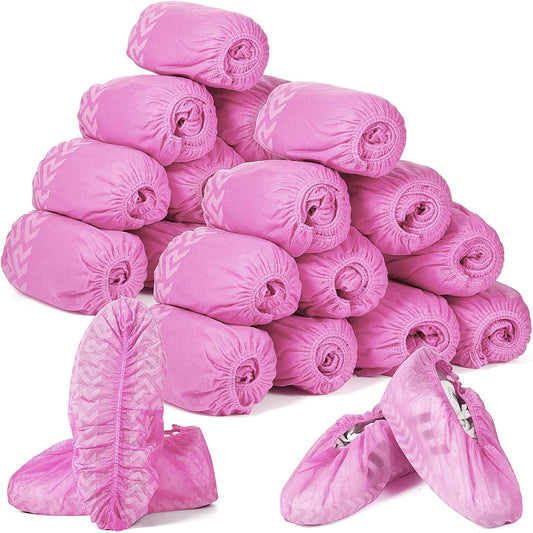 Zhanmai 300 Pack Disposable Shoe Covers Non Slip Disposable Large Foot Booties Shoe Covers for Indoors Contractors Floor and Carpet Protectors, One Size Fits Most(Pink)