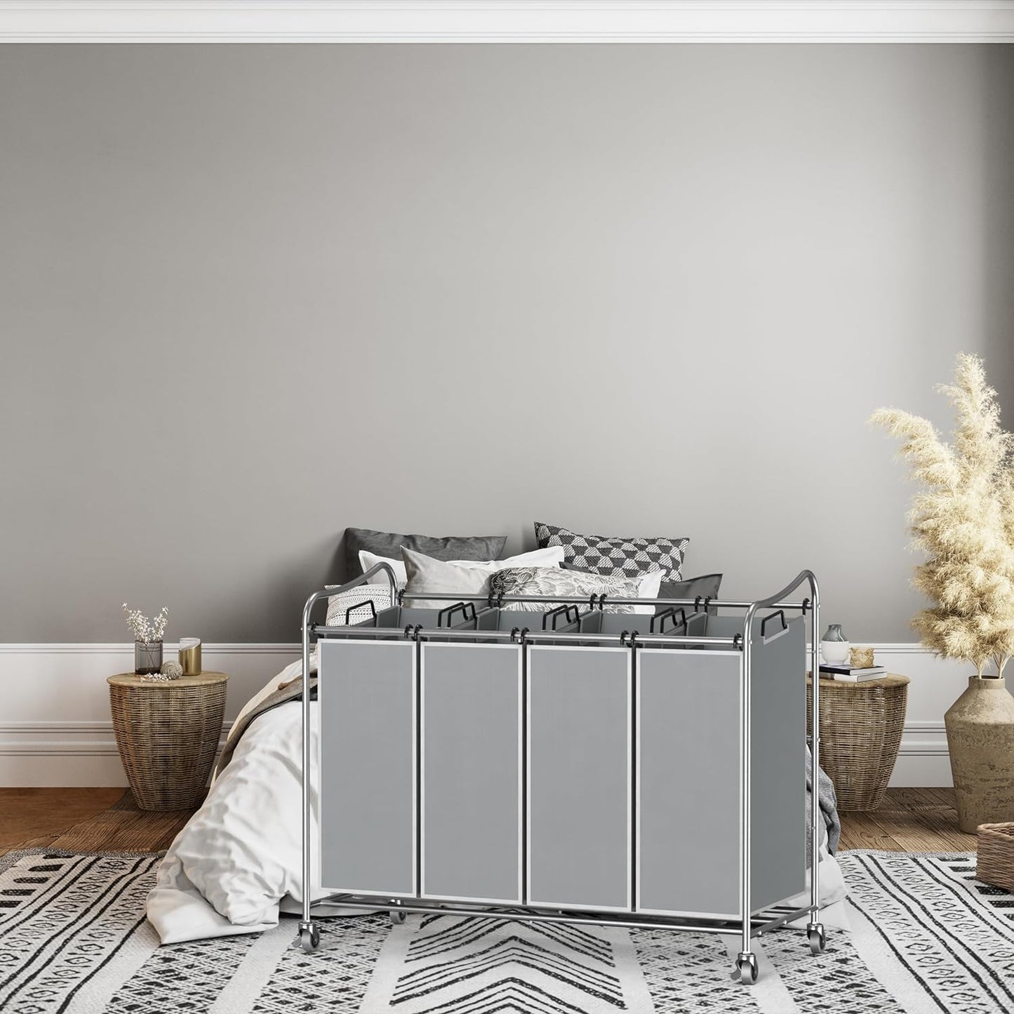 Simple Houseware 4-Bag Heavy Duty Laundry Sorter Rolling Cart, Silver