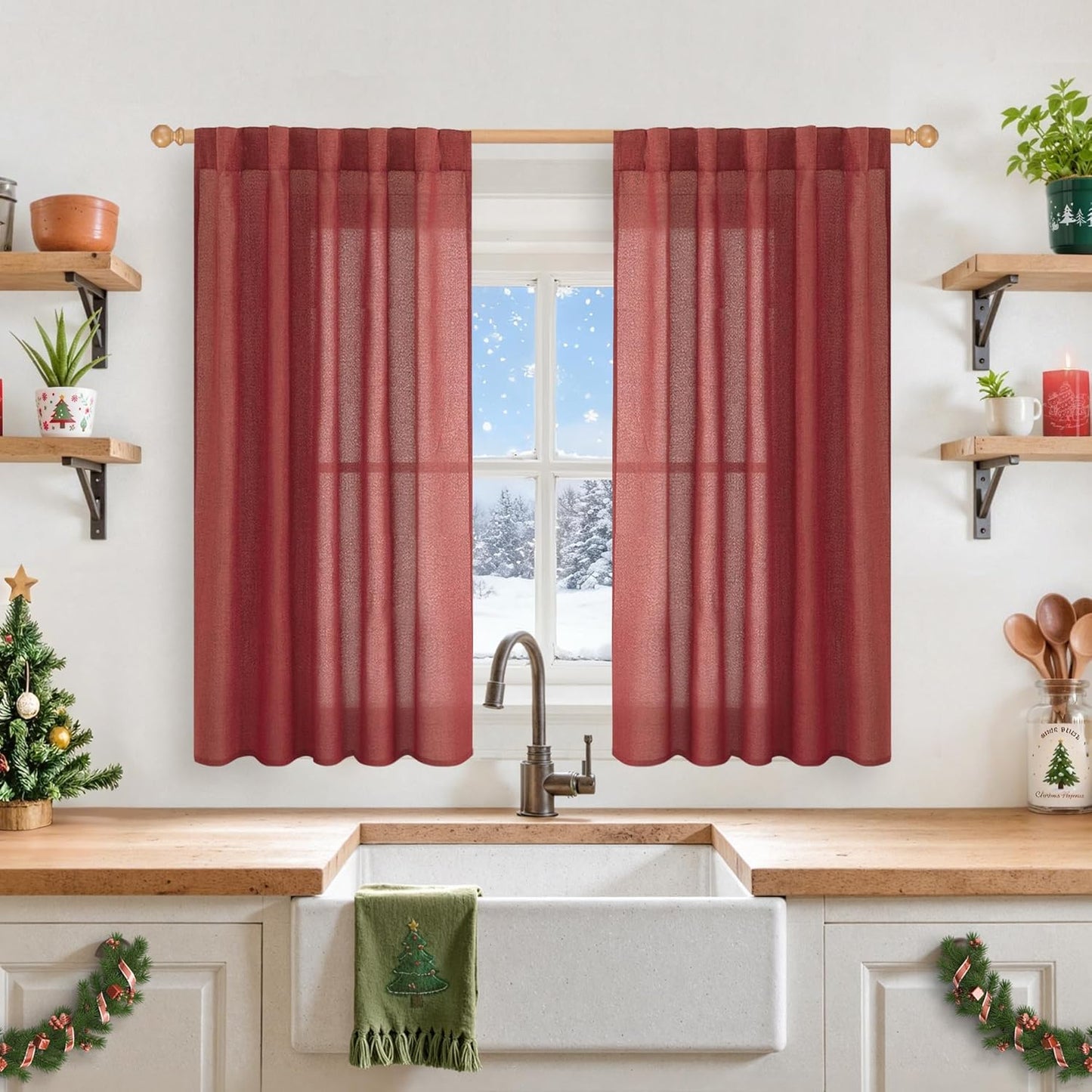 YoungsTex Red Linen Curtains 45 Inch Length for Kitchen, Short Window Drapes with Rod Pocket Back Tab Light Filtering Christmas Decor for Bathroom Cafe, 2 Panels, 42 X 36 Inch