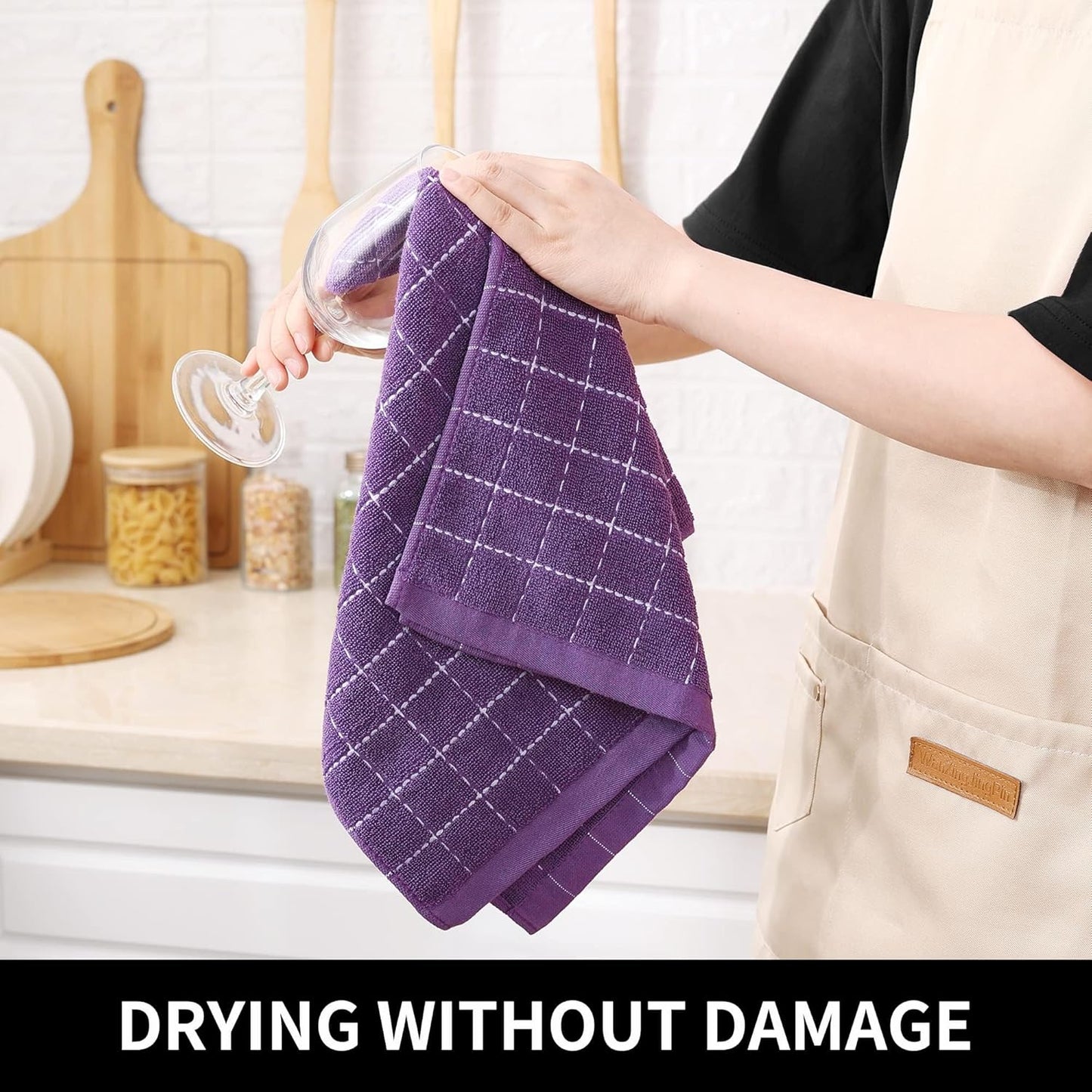 Homaxy 100% Cotton Terry Kitchen Towels(Purple, 13 x 28 inches), Checkered Designed, Soft and Super Absorbent Dish Towels, 6 Pack