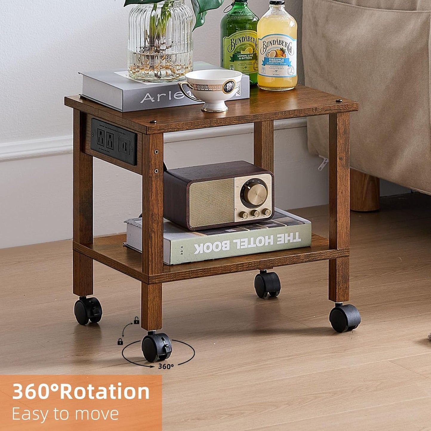 Lerliuo Under Desk Printer Stand with Charging Station, 2 Tier Wooden Small Printer Table with Storage, Rolling Printer Cart Shelf with Lockable Wheels for Home, Office (Brown)