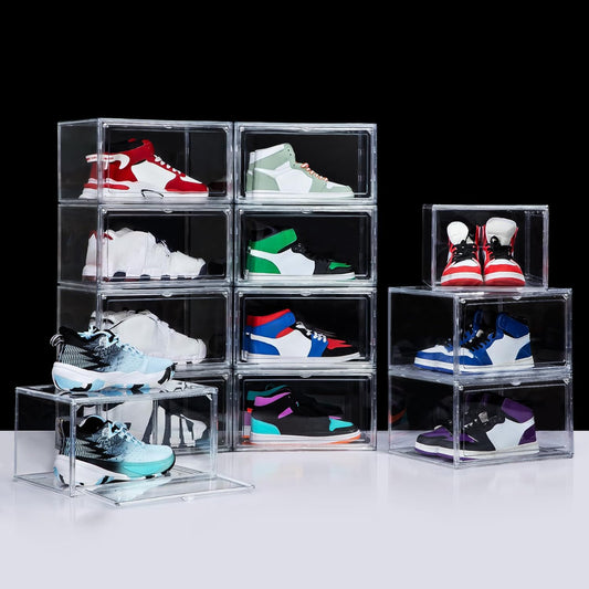 NYZE 12 Pack Acrylic Shoe Boxes Side Open, Clear Shoe Box Plastic Stackable, Shoe Storage Organizer with Magnetic Door, Shoe Display Shoe Containers with Lids Fits Up to Size 15