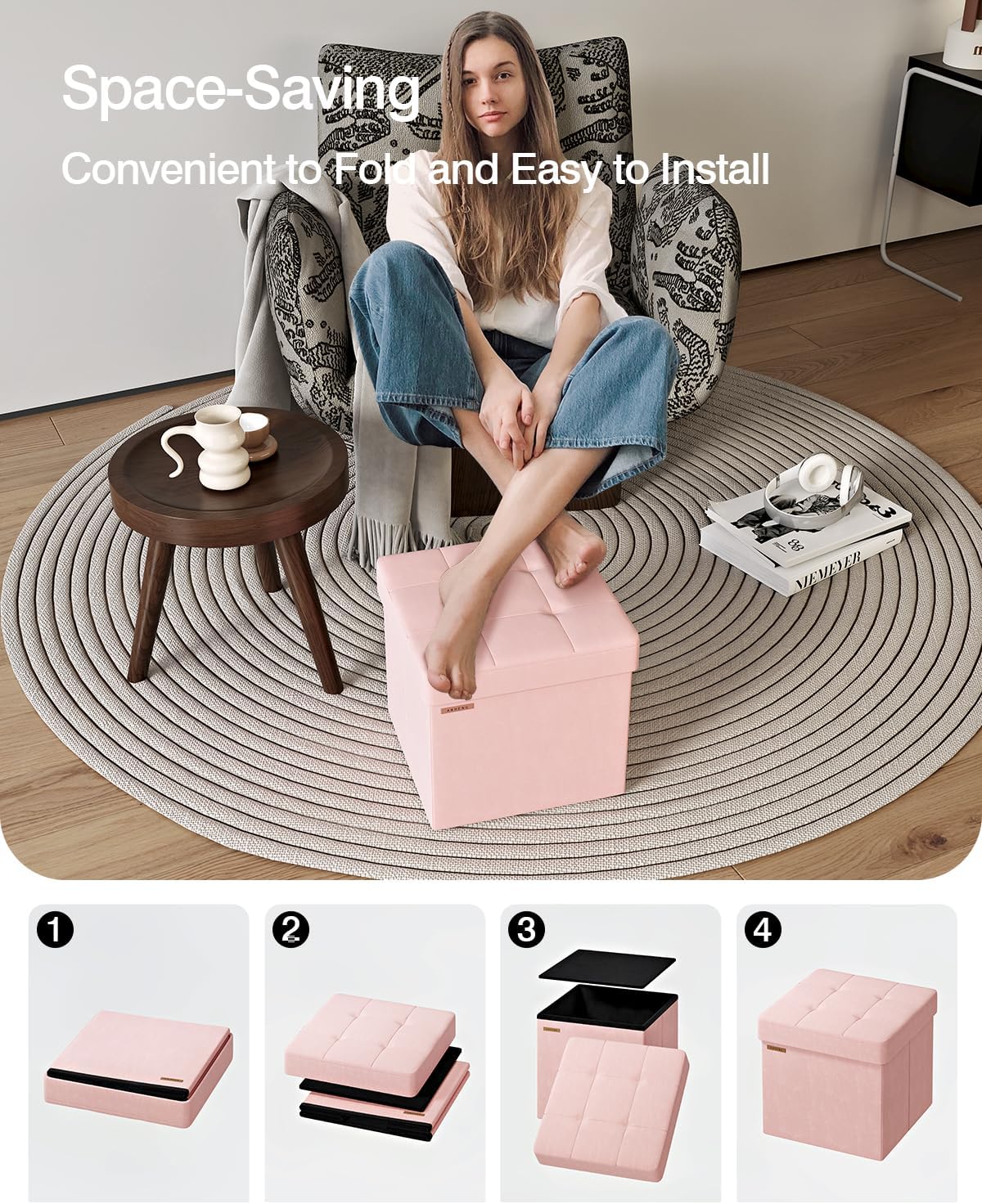 Folding Storage Ottoman, Velvet Storage Bench, Footrest, Footstool, for Living Room, Bedroom and Office,15 x 15 x 15 Inches, 300 kg Load Capacity,Jelly Pink,UASND04P