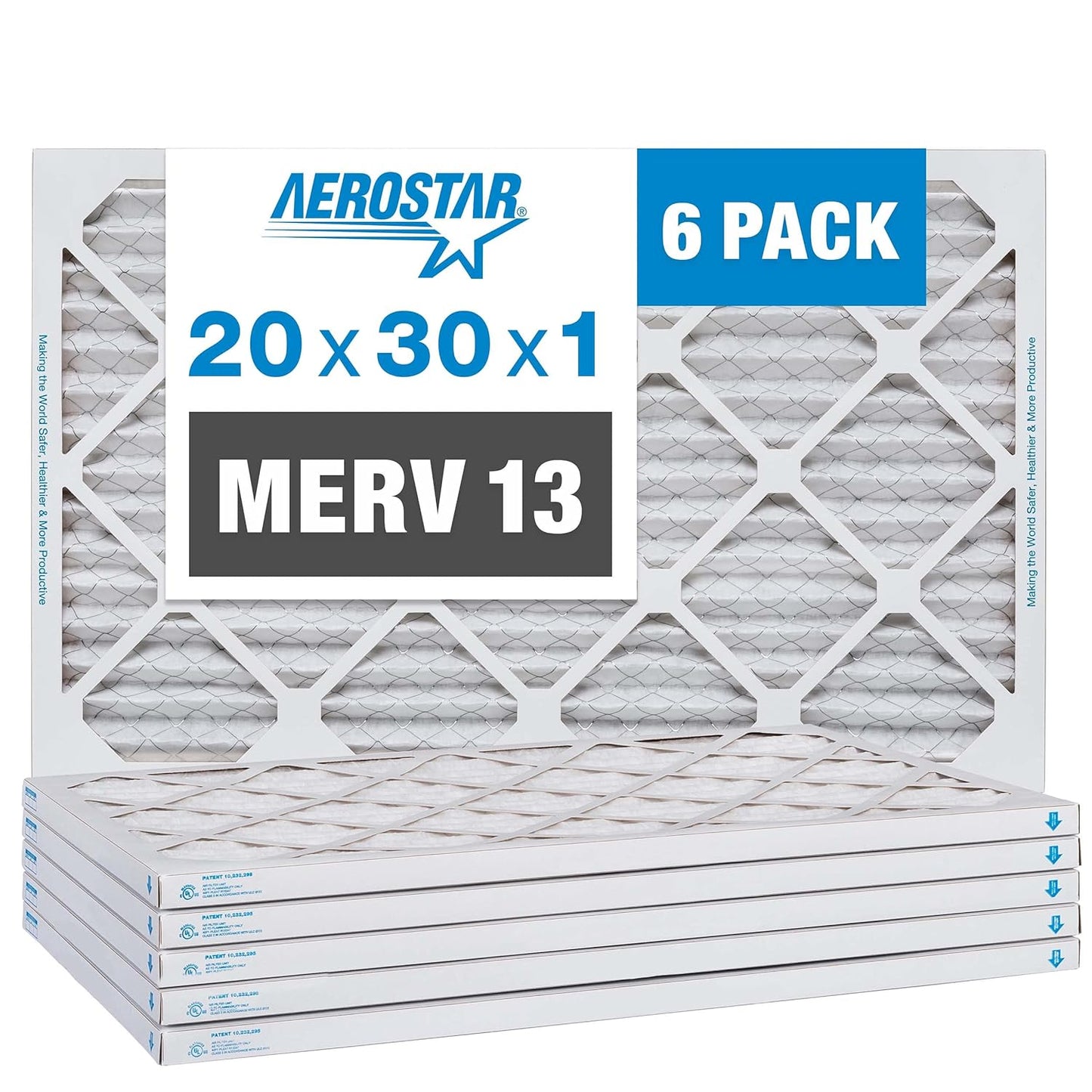 Aerostar 20x30x1 MERV 13 - 6 Count - Pleated HVAC, Furnace & Air Conditioner Filters - Removes Bacteria, Dust, Cold & Flu Germs, Lint, Mold, Pet Dander, Allergy-Causing Pollen, Smog, Smoke & Viruses