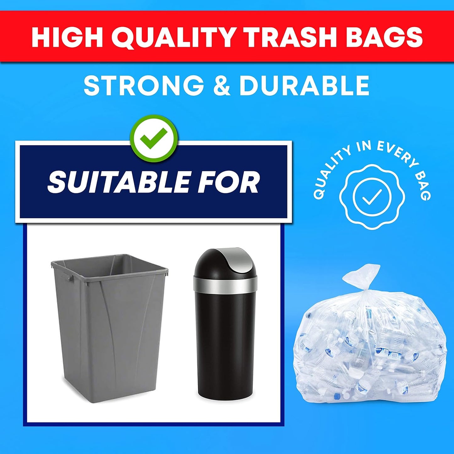 Tasker 30-33 Gallon Trash Bags Heavy Duty (Value 100/Bags w/Ties) Clear Large Plastic Recycling Garbage Bags. 30 Gal, 32 Gallon Clear Large Trash Bags