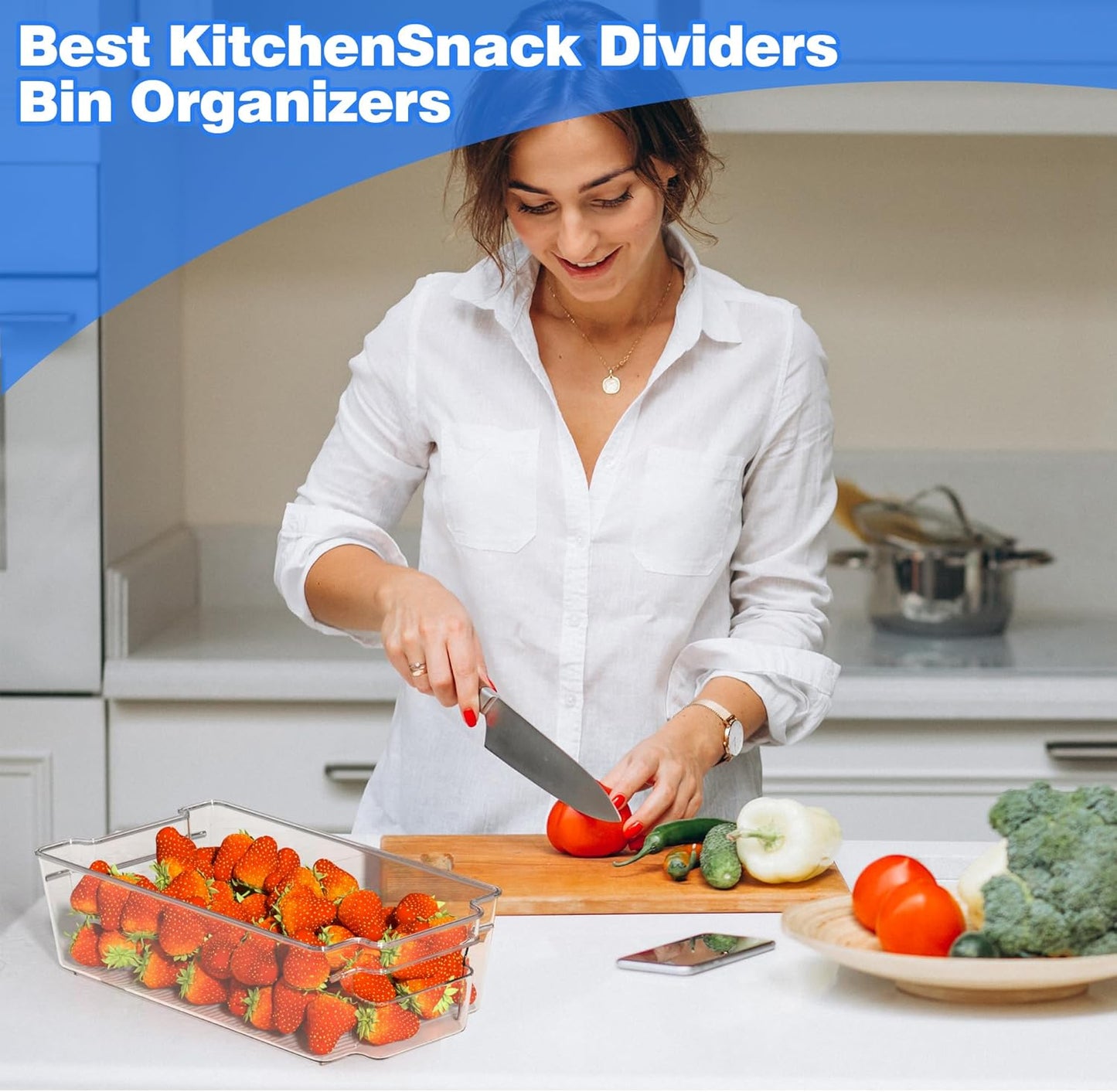 6 Pack Clear Refrigerator Storage Bins, Stackable Plastic Fridge Organizer Kitchen Pantry Storage Bins with Handles for Snacks, Freezer, Kitchen Cupboard, and Cabinet Organization