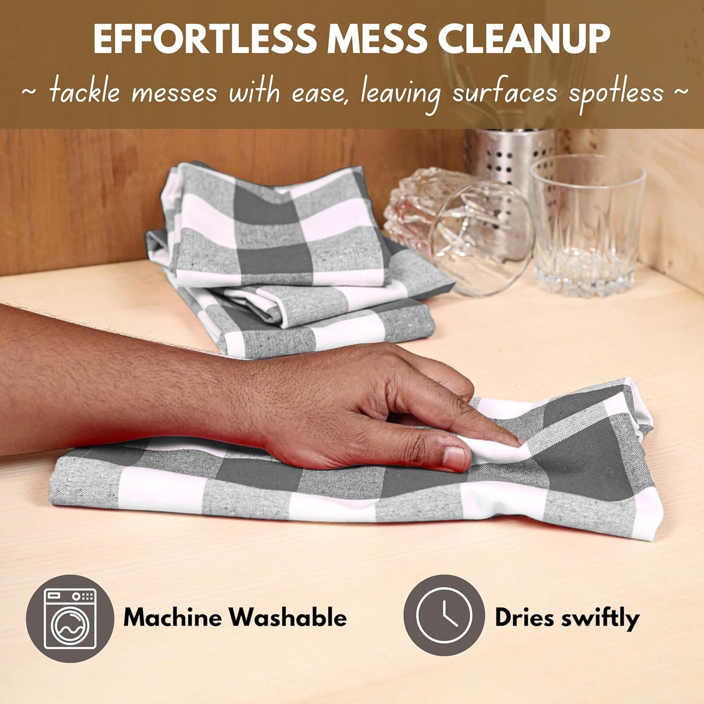 Native Fab 12-Pack Kitchen Towel with Hanging Loop 16x26 inches, Cotton Buffalo Check Kitchen Towels for Cleaning Drying, Washcloths Soft & Absorbent Cloth Rags, Bar Towel, Dish Cloth, Grey