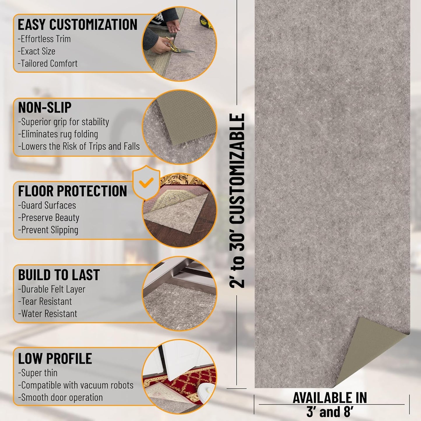 Ottomanson 5' x 8' Non-Slip Rug Pad Gripper 1/4 Inch Thick Dual Surface Felt + Rubber Gripper - Safe for All Floors, Brown