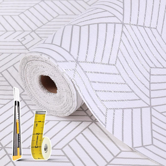 Shelf Liners for Kitchen Cabinets Non Adhesive Shelf Liner Paper Non-Slip Thickened Drawer Liner Easy to Clean for Tool Box Refrigerator with Knife and Tape Measure, Silver Geometric, 23.6 x 354.3 in