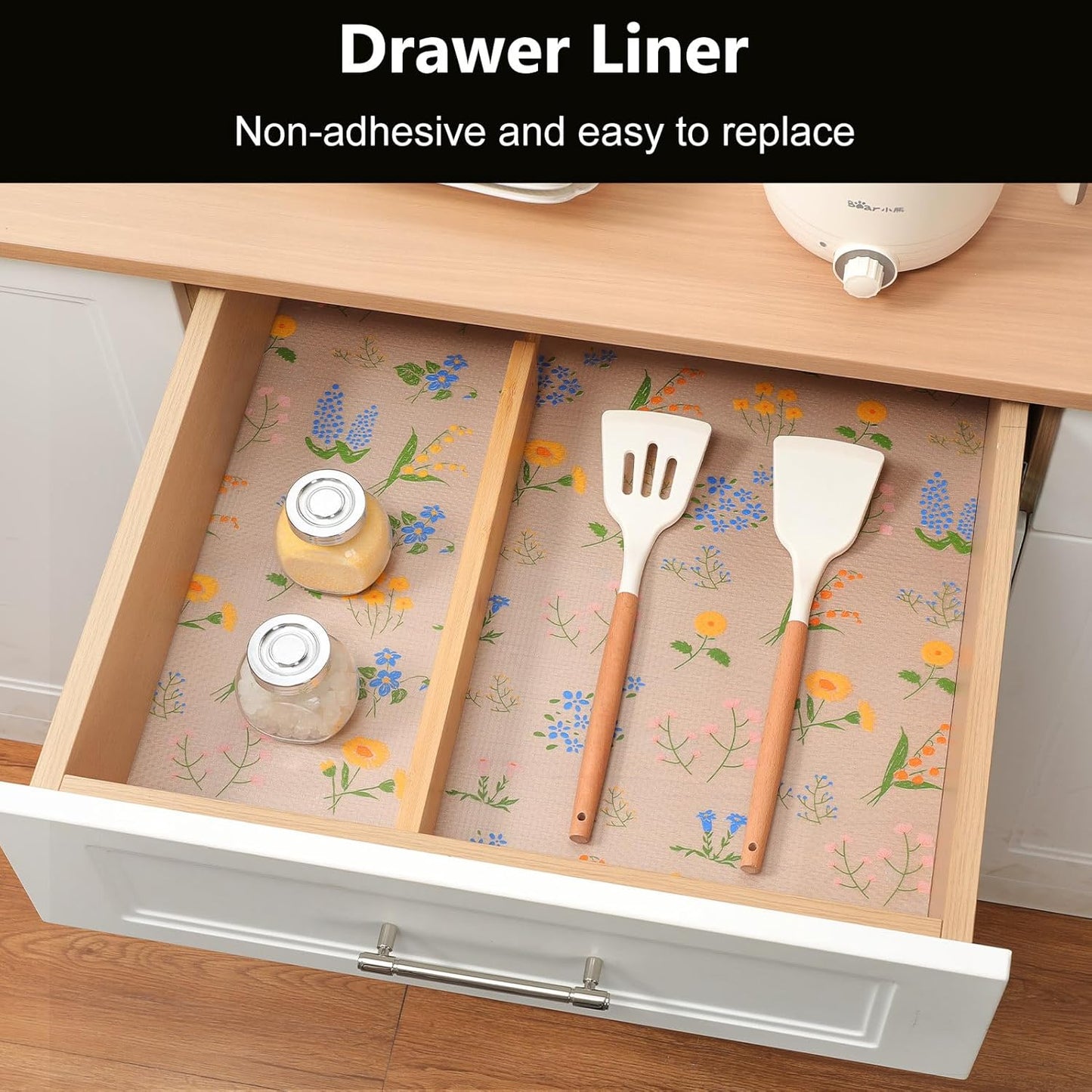 INNOLITES Non-Slip Shelf Liner – Cabinet & Drawer Liner Non-Adhesive – Waterproof Oil-Proof – Durable EVA with Floral for Kitchen Cabinets Refrigerator – BPA-Free, Easy to Cut 17.7" x 78.7"