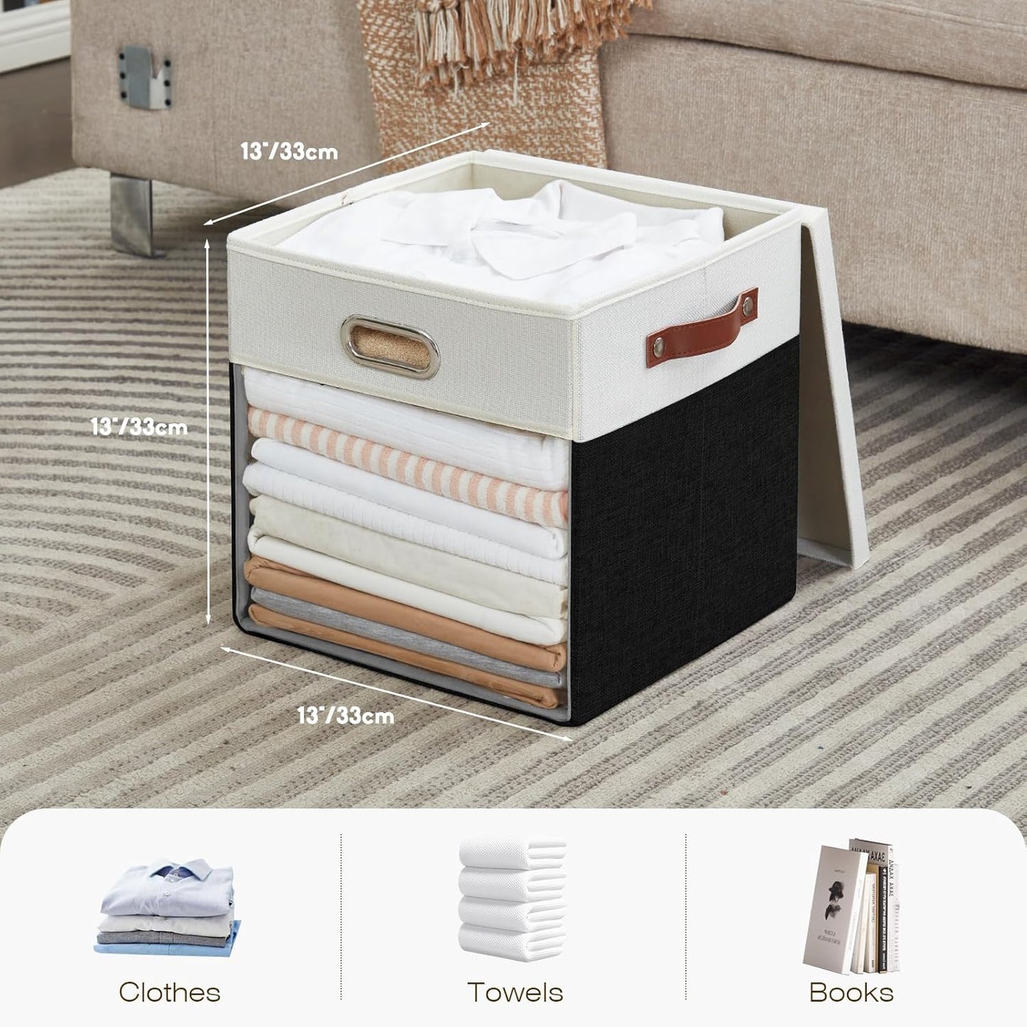 Fabric Storage Cubes with Clear Windows and Lids, 13'' Foldable Storage Bins with 3 Handles, Decorative Storage Boxes for Home, Bedroom, Closet, Office (Balck & White)