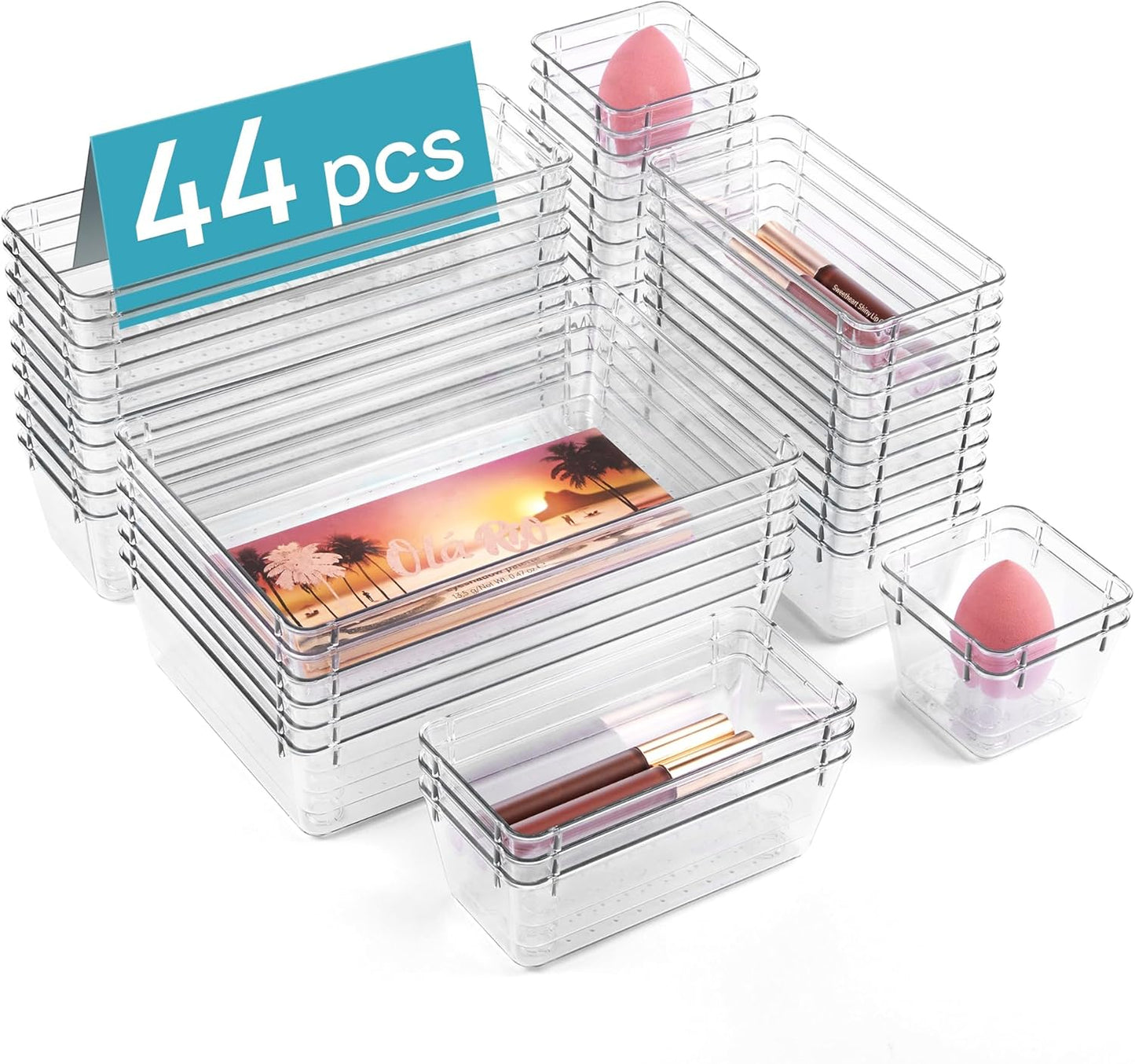 Vtopmart 44 PCS Clear Plastic Drawer Organizers Set, 4-Size Versatile Bathroom and Vanity Organizer Trays, Non-Slip Storage Containers for Makeup, Jewelries, Bedroom，Kitchen Utensils and Office