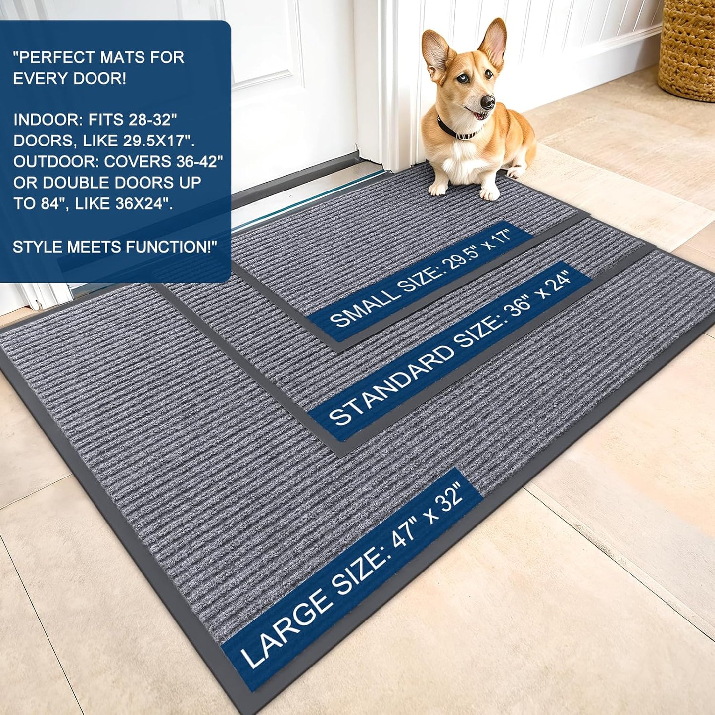 OLANLY Front Door Mat Indoor Outdoor Entrance, Waterproof Heavy Duty Doormat, Fade Resistant, Low Profile, Easy Clean Patio Porch Welcome Floor Mats for Entry, 59x24, Light Gray