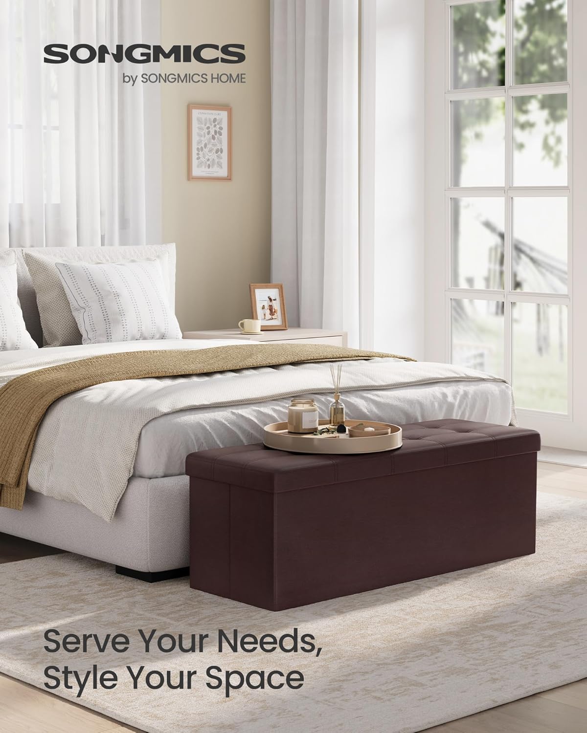 SONGMICS MAZIE Collection - 43 Inches Folding Storage Ottoman Bench, Ottoman with Storage, Foot Rest Stool, Load 660 lb, for Living Room, Synthetic Leather, Brown ULSF703