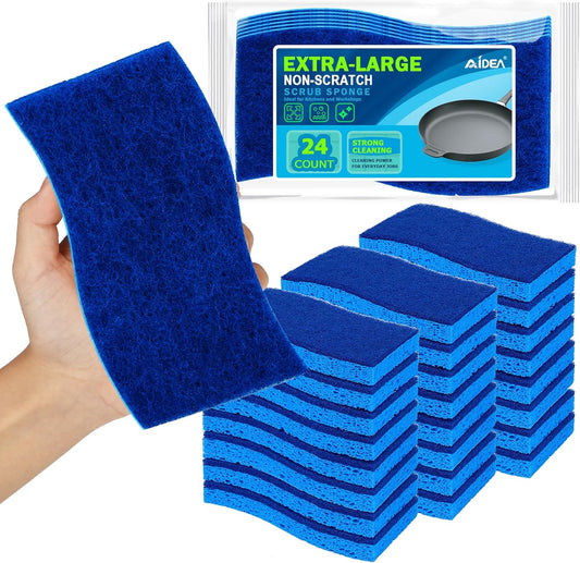 AIDEA XL Scrub Sponges Non-Scratch 24Count, Extra Large Sponges Kitchen, Sponge for Dishes, Cleans Fast Without Scratching Safe for Non-Stick Cookware, Cleaning Power for Kitchen, House