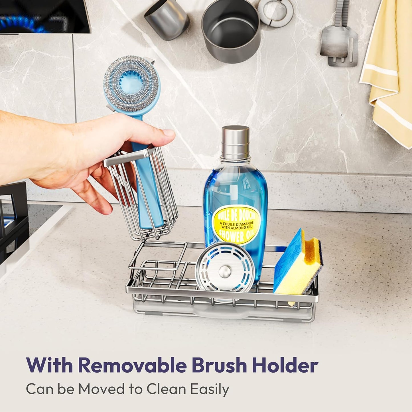 SWTYMIKI Kitchen Sink Caddy Sponge Holder, Kitchen Sink Organzier and Storage with High Brush Holder and Drip Tray for Dish Sponges, Silver