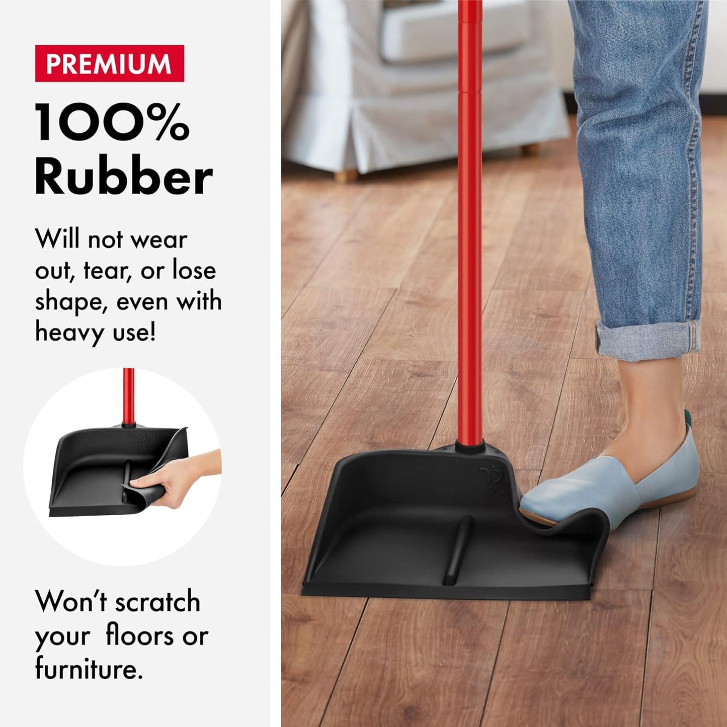 Dustpan with Handle by Ravmag- Solid Natural Rubber Construction- 40” Long Handled Dust Pan- Stand Up Design- Accommodates Any Broom/Hand Brush- Best Dustpans for Home/Lobby/Shop
