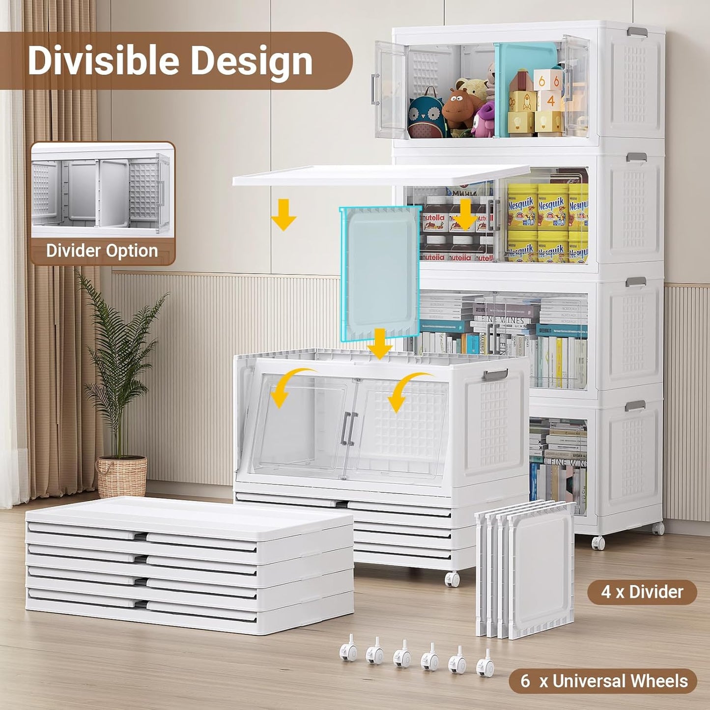 BROVIEW 52.7"H 150Gal Plastic Storage Bins with Lid & Wheels,3Pack Extra Large Stackable Storage Bins with Dividers,Closet Organizers and Storage Cabinet Collapsible Box Shelves for Home Kitchen,White