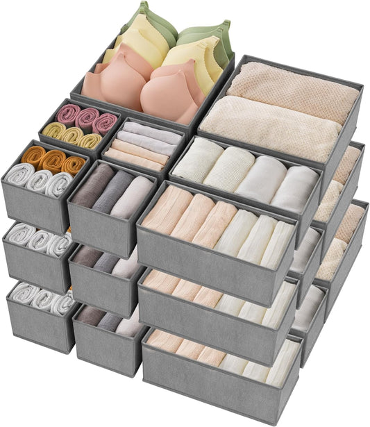 Criusia Drawer Organizer Clothes, 24 Pack Underwear Drawer Organizers, Foldable Closet Organizers and Storage Dresser Drawer Dividers Clothing Organizer for Clothes, Socks, Scarves, Bra, Ties (Grey)