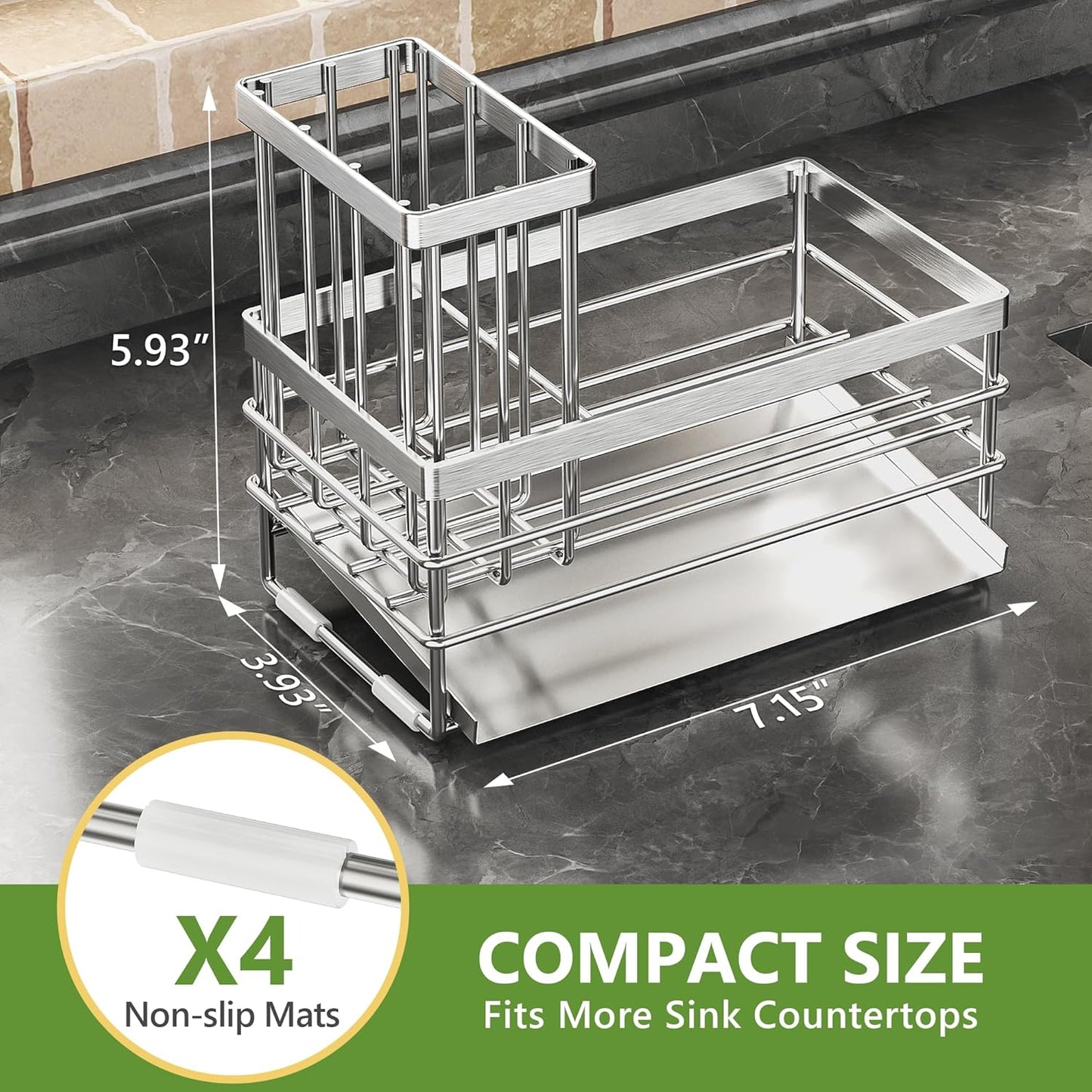 Cisily Sink Caddy Sponge Holder for Kitchen with Brush Holder and Stainless Steel Self Drain Tray, Rustproof Kitchen Sink Organizer for Sponge, Soap Dispenser Storage Accessories (Stainless Steel)