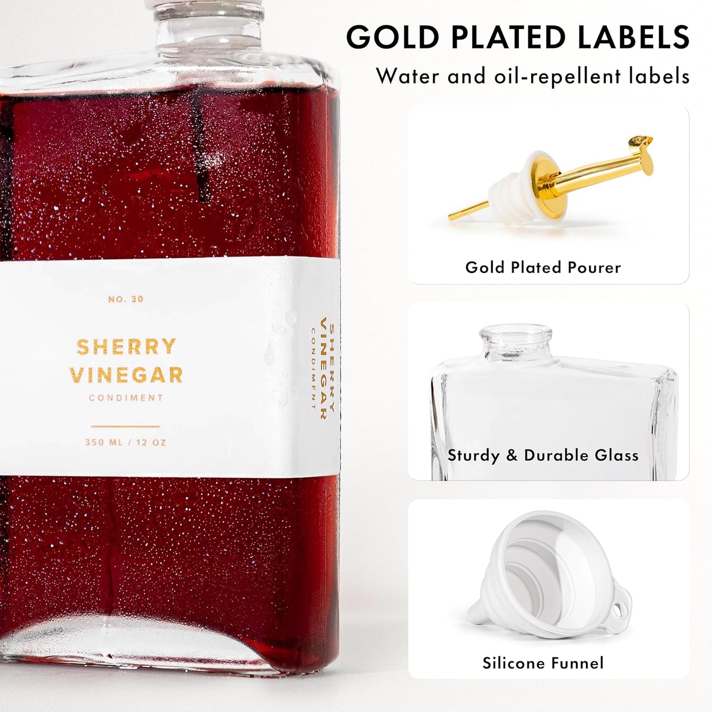 Glass Olive Oil Dispenser Bottle Set [2x17oz]: 36 Premium Gold Labels, Oil Dispenser for kitchen, Vinegar Bottle Set, Glass Dispensers for Soy Sauce, Syrup Bottles | Set of 2