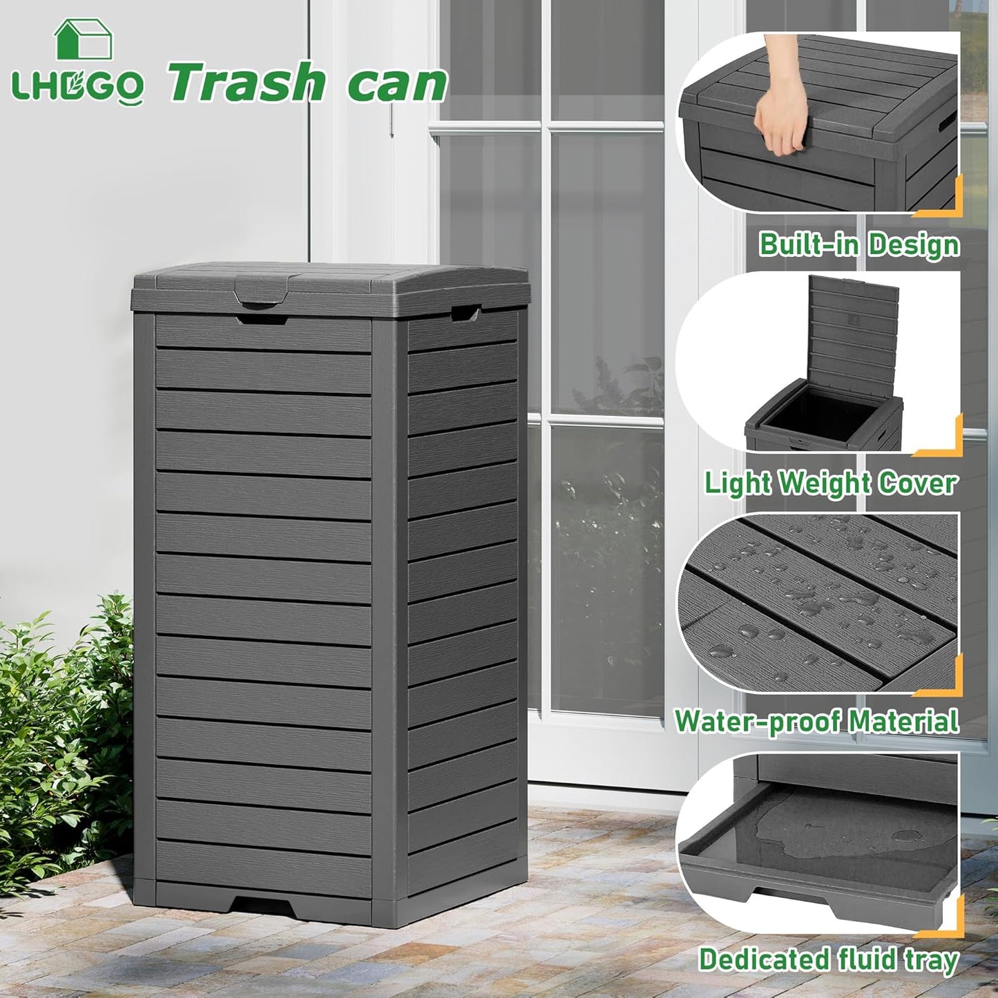 Outdoor Trash Can, 2 Set of 31 Gallon Garbage Can with Tiered Lid and Drip Tray, Waterproof Resin Patio Waste Bin for Garden, Backyard, Deck