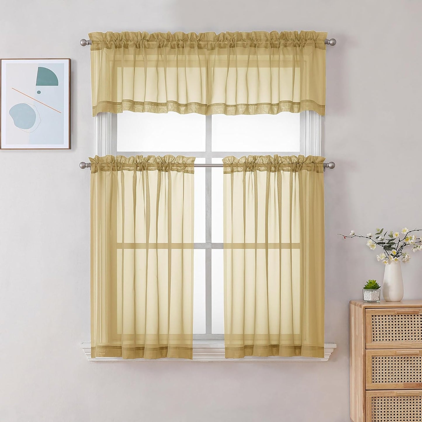 Chyhomenyc Gold Sheer Curtains 30 inch Length 2 Panels, Light Filtering Voile Rod Pocket Short Window Curtians for Bathroom Living Room Farmhouse Small Windows, 42Wx30L inches