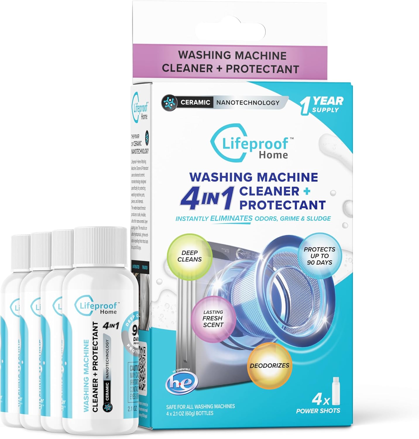 Lifeproof 4-IN-1 Washing Machine Cleaner - Up to 90 Days of Protection Against Odors & Grime (4-Pack, 1-Year Supply)