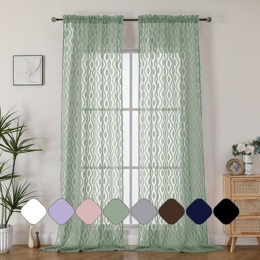 Aiyufeng Sheer Curtains 96 Inches Long for Bedroom and Living Room, 2 Panels, Farmhouse Wavy Line Light Filtering Clip Jacquard Solid, Rod Pocket, Sage Green, 40"Wx96"L