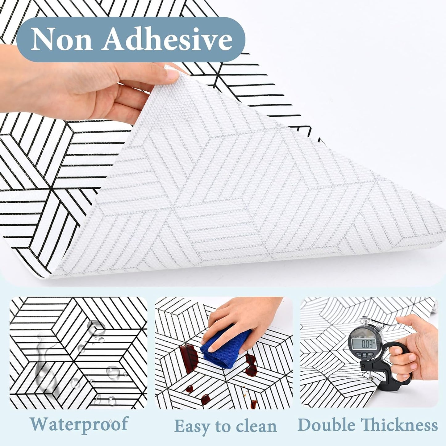 Shelf Liners for Kitchen Cabinets Non Adhesive Shelf Liner Paper Non-Slip Thickened Drawer Liner Easy to Clean for Tool Box Refrigerator with Knife and Tape Measure, Black Geometric, 11.8 x 118 in