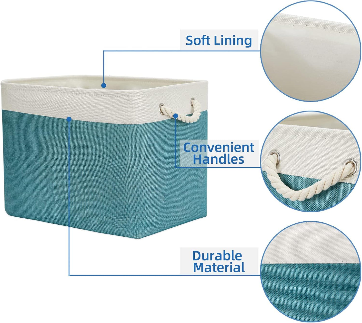 Temary Fabric Baskets Storage Baskets for Organizing 2 Pcs Decorative Baskets for Gifts Empty Collapsible Storage Bins for Home Closet(White&Teal,16Lx12Wx12H Inches)