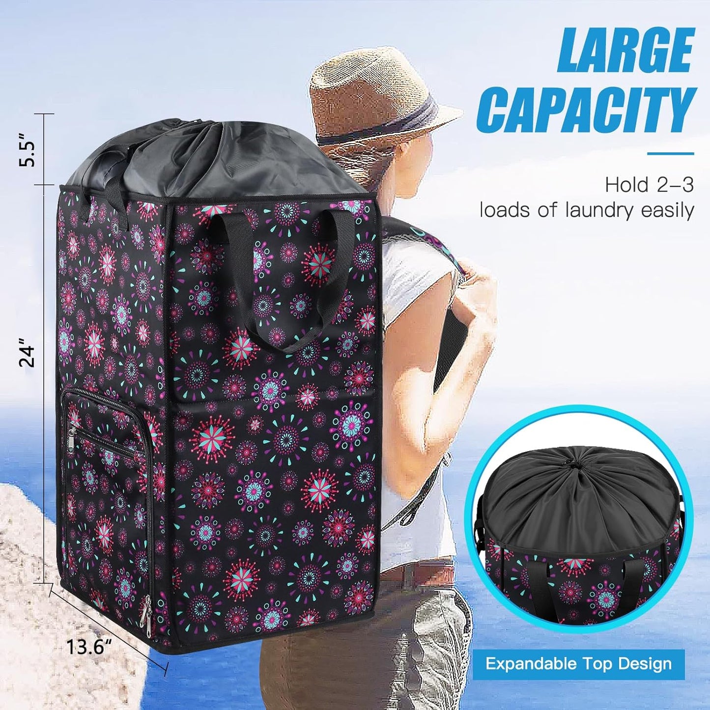 Bukere Laundry Backpack Bag for Women Girls, Extra Large Laundry Basket Hamper for College Dorm Room Essentials, Adjustable Shoulder Straps, Collapsible Freestanding Laundry Bag for Gym, Yacht