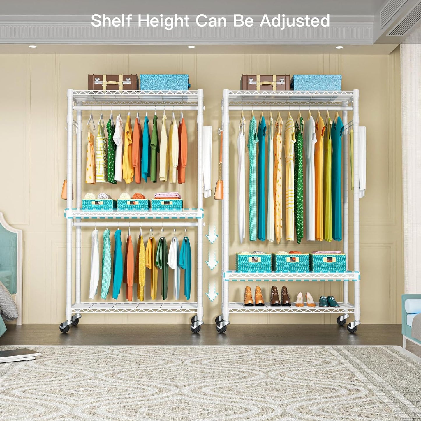 FUTASSI P1 Heavy Duty Garment Rack, 3 Tiers Adjustable Rolling Metal Closet Organizer with Lockable Wheels, FreeStanding Wardrobe with Double Hanger Rods & 1 Pair Hooks, Max Load 450 LBS, White