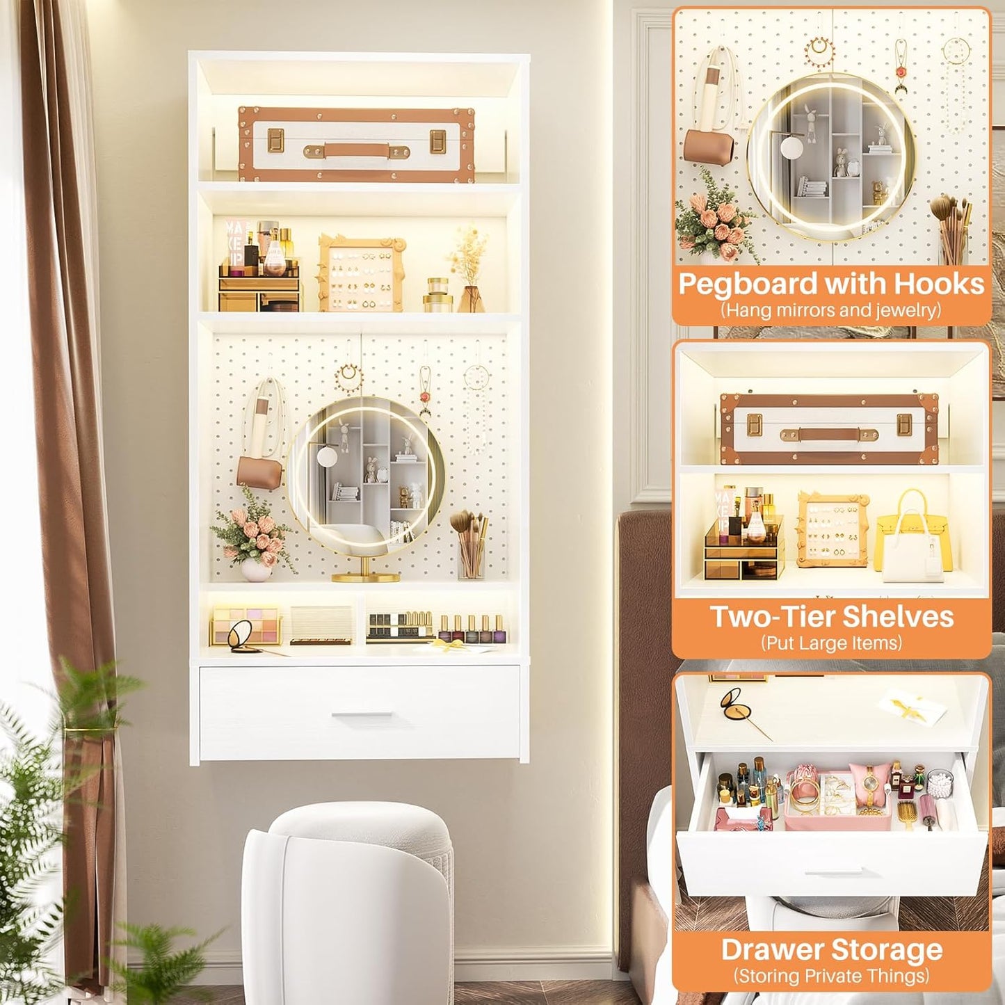 Unikito 24 inch Closet System with Drawers and Magnetic Pegboard, Wall Mounted Closet Organizer with Vanity Storage Shelves, Multipurpose Vanity Desk for Bedroom, Mudroom, and Entryway, White