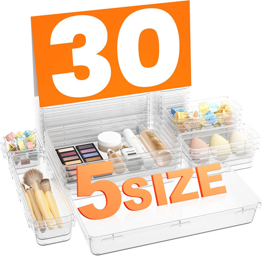 A-LuGei 【Military Grade】 Drawer Organizer, 【𝟱𝗦𝗶𝘇𝗲】 Clear Makeup organizer, 【Holds 177 Items】 Bathroom Organizers and Storage, Plastic Desk Organizer Divider, Organizer Bins for Office Vanity