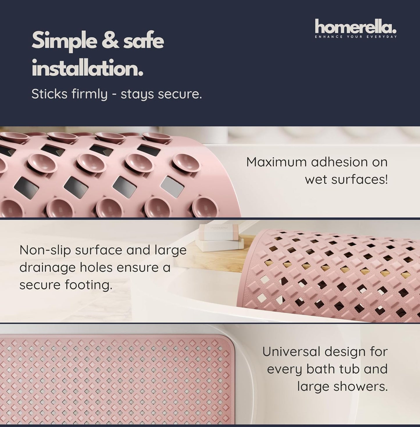 homerella® Bathtub Mat Non Slip 35x16, Incl. Hooks for Drying, Extra Long, 100% BPA Free, Shower Mat Non Slip Anti Mold, Machine Washable, Shower Mats for Inside Shower Mildew Resistant