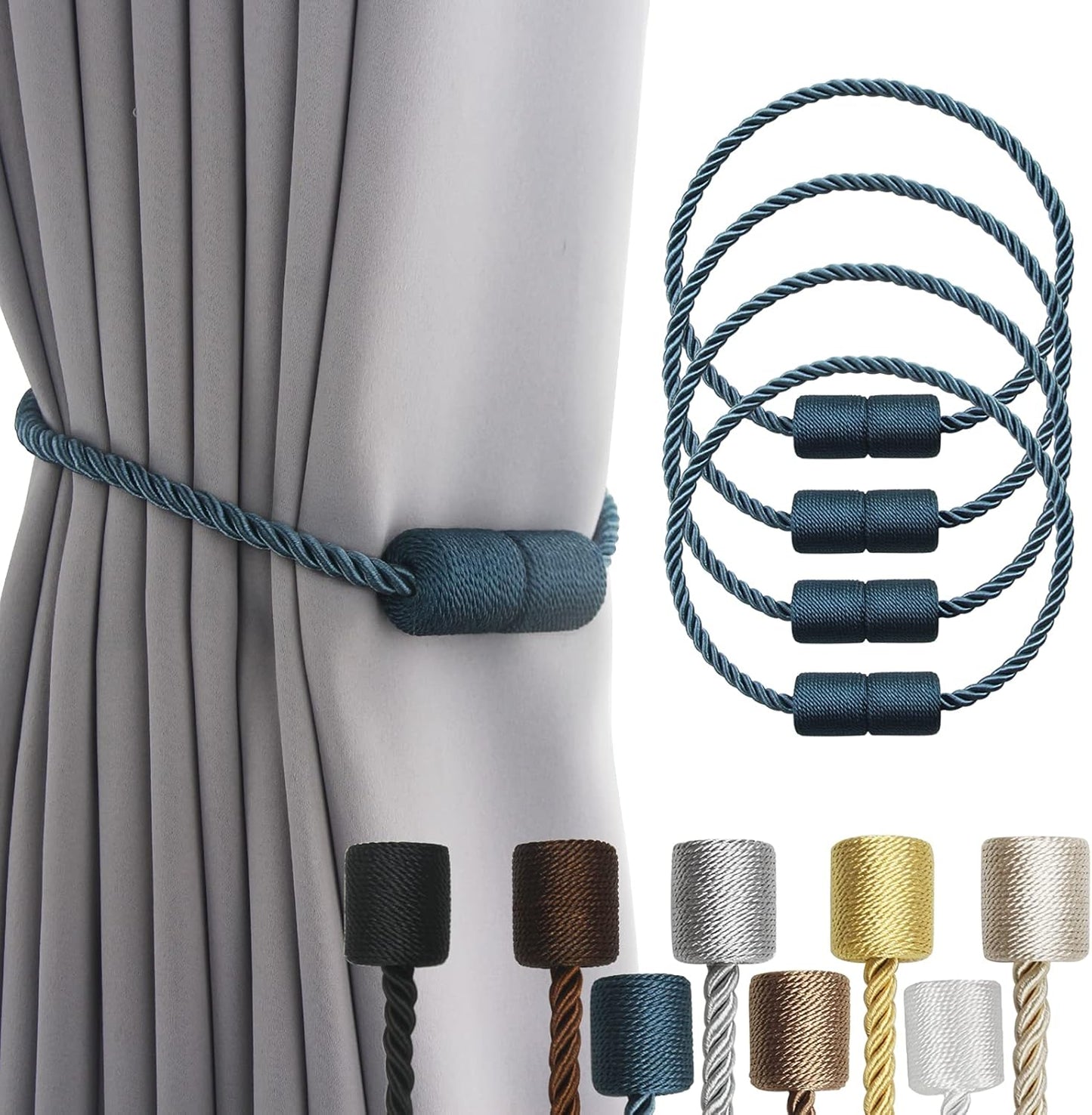 4 Pack Blue Strong Magnetic Curtain Tiebacks Outdoor Elegant Decorative Tie Backs Modern Rope Tiebacks for Drapes Window Curtain Holdbacks for Draperies