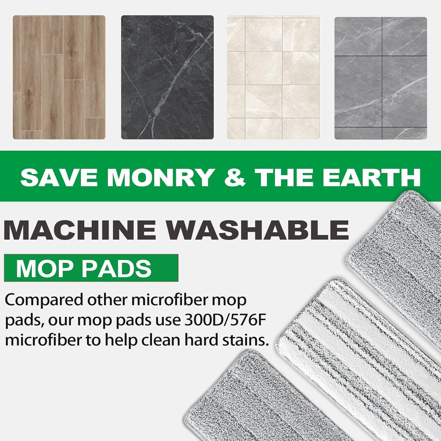 Flat Mop Pads, 5 Pack 13" X 4.9" Flat Mop Microfiber Mop Head/Refill/Pad, Washable Squeeze Cleaning Mop Pads Replacement Heads - White and Grey…