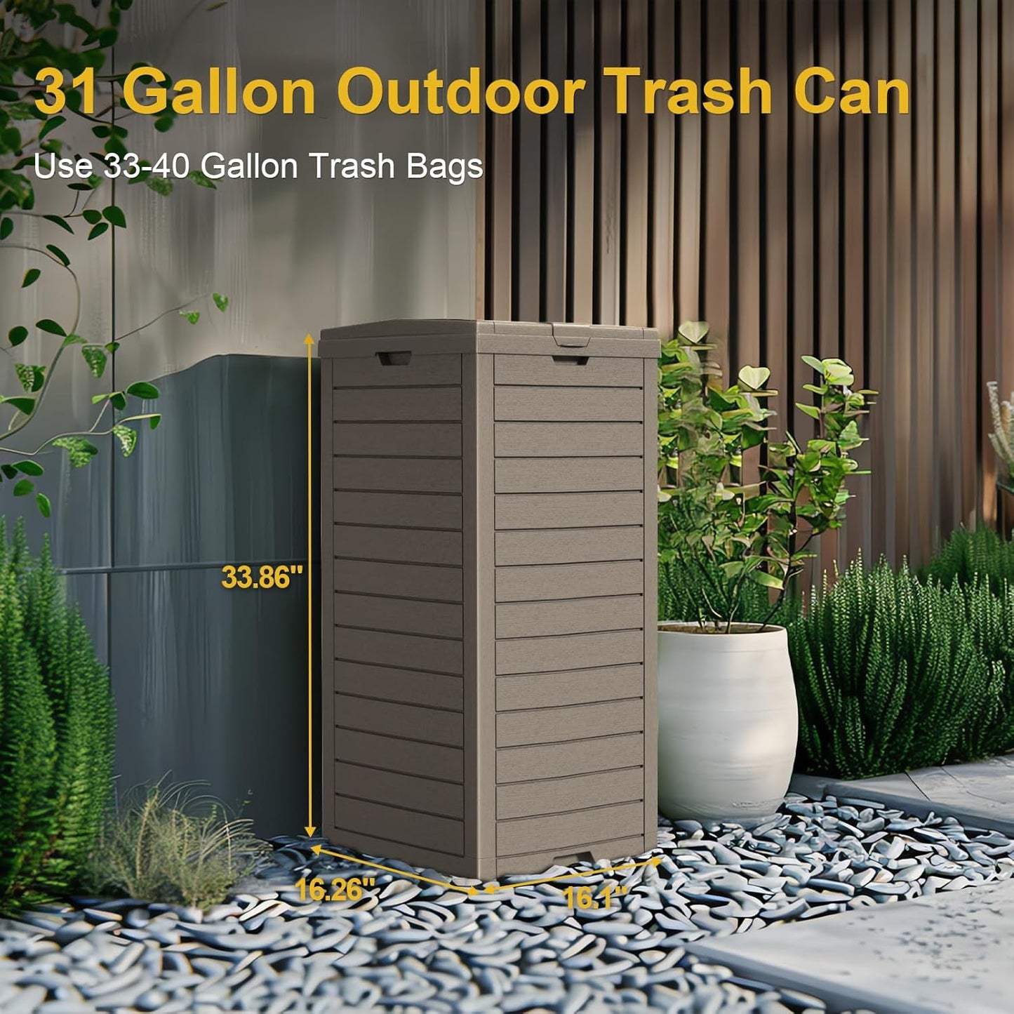 31-Gallon Outdoor Trash Can with lid, Waterproof, UV-Resistant Resin Garbage Can, Lockable Lid and Drip Tray, Animal-Proof, for Patio, Kitchen, Backyard and Deck