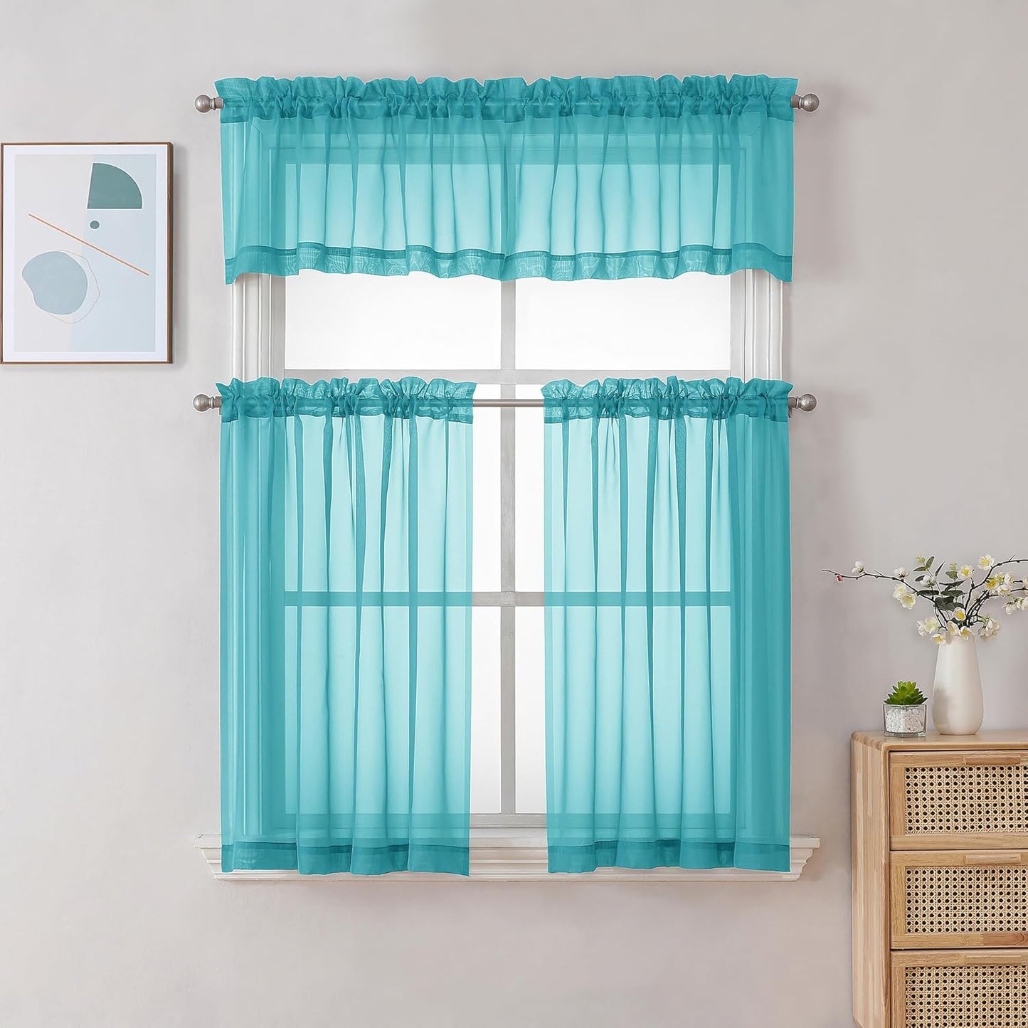 Chyhomenyc Sheer Turquoise Tier Curtains 24 Inch Length, Small Window Curtains Treatment for Bathroom Living Room Basement, Short Rod Pocket Cafe Curtain, 42W x 24L Inches, 2 Panels