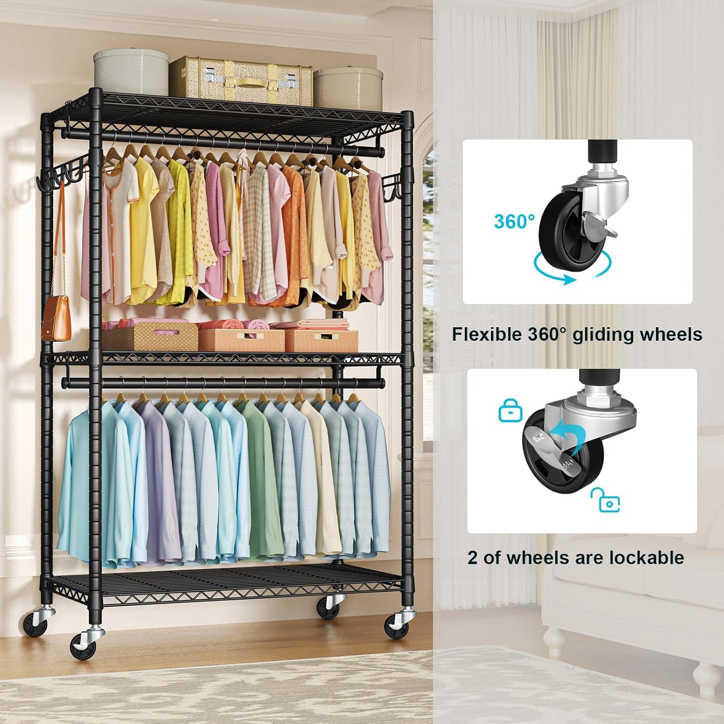 FUTASSI P1 Plus Rolling Clothes Rack, 22mm Diameter Heavy Duty Garment Rack with Wheels, Portable Closet Wardrobe with Double Rods, 45" W x 17.7" D x 80.5" H, Max Load 524 LBS, Black