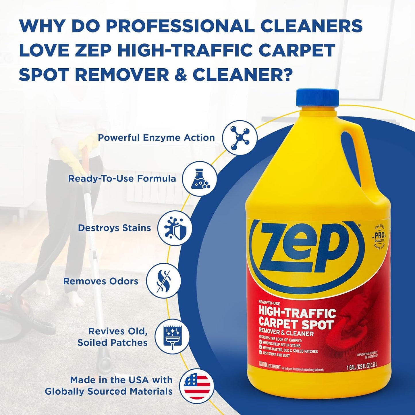 Zep High Traffic Carpet Cleaner - 1 Gallon (Case of 4) ZUHTC128 - Penetrating Formula Removes Deep Stains. Make High-Traffic Areas Look New Again