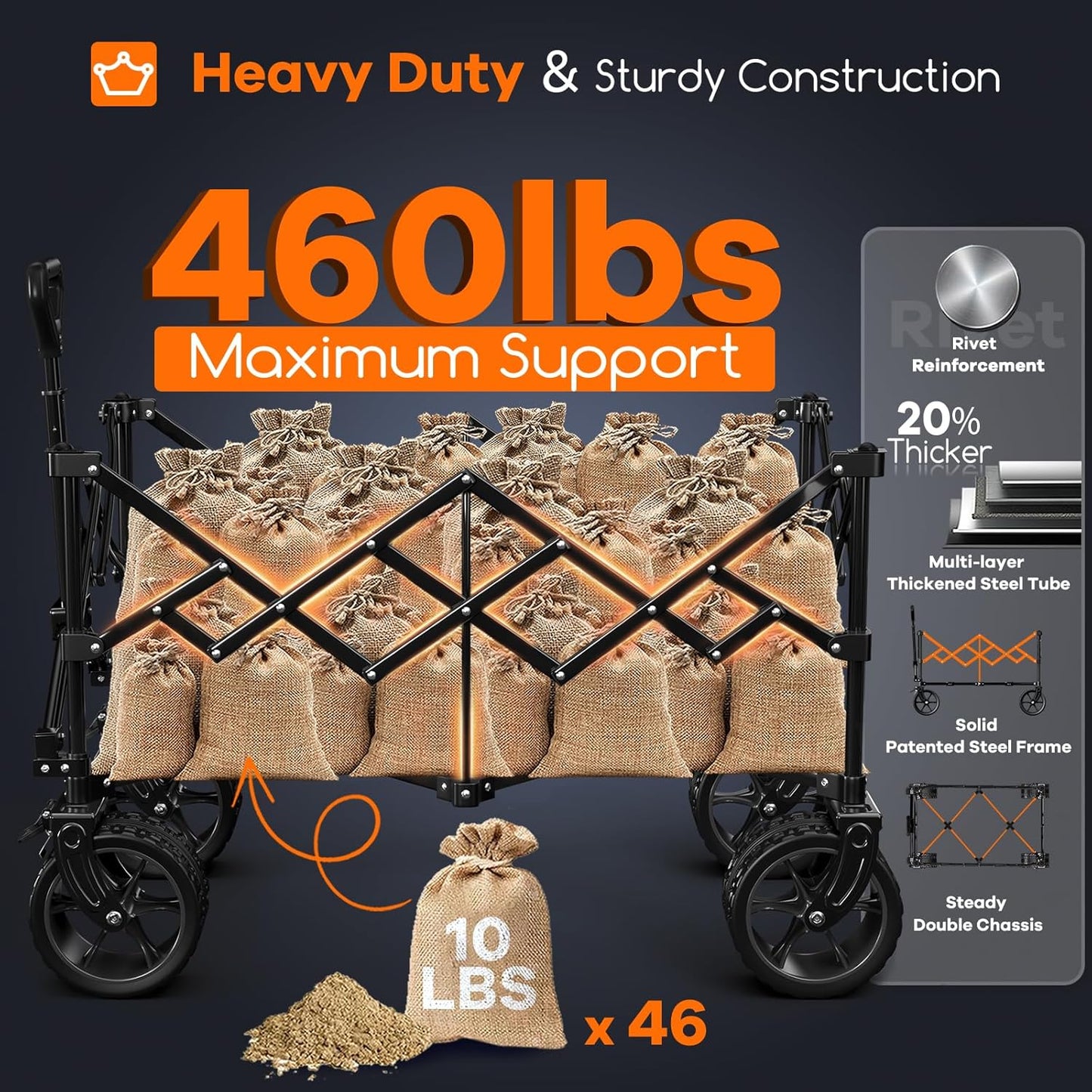 220L Collapsible Wagon Cart Foldable, 460lbs Load Capacity Heavy Duty Folding Beach Wagons with Big All-Terrain Wheels, Utility Carts for Groceries, Shopping, Camping, Sports - Grey&Blue