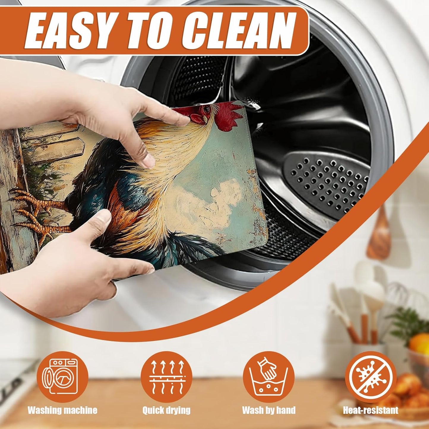 Vintage Rooster Dish Drying Mat for Kitchen Counter Microfiber Absorbent Dish Kitchen Drying Mat Draining Reusable Washable for Dishes/Utensils/Counterto