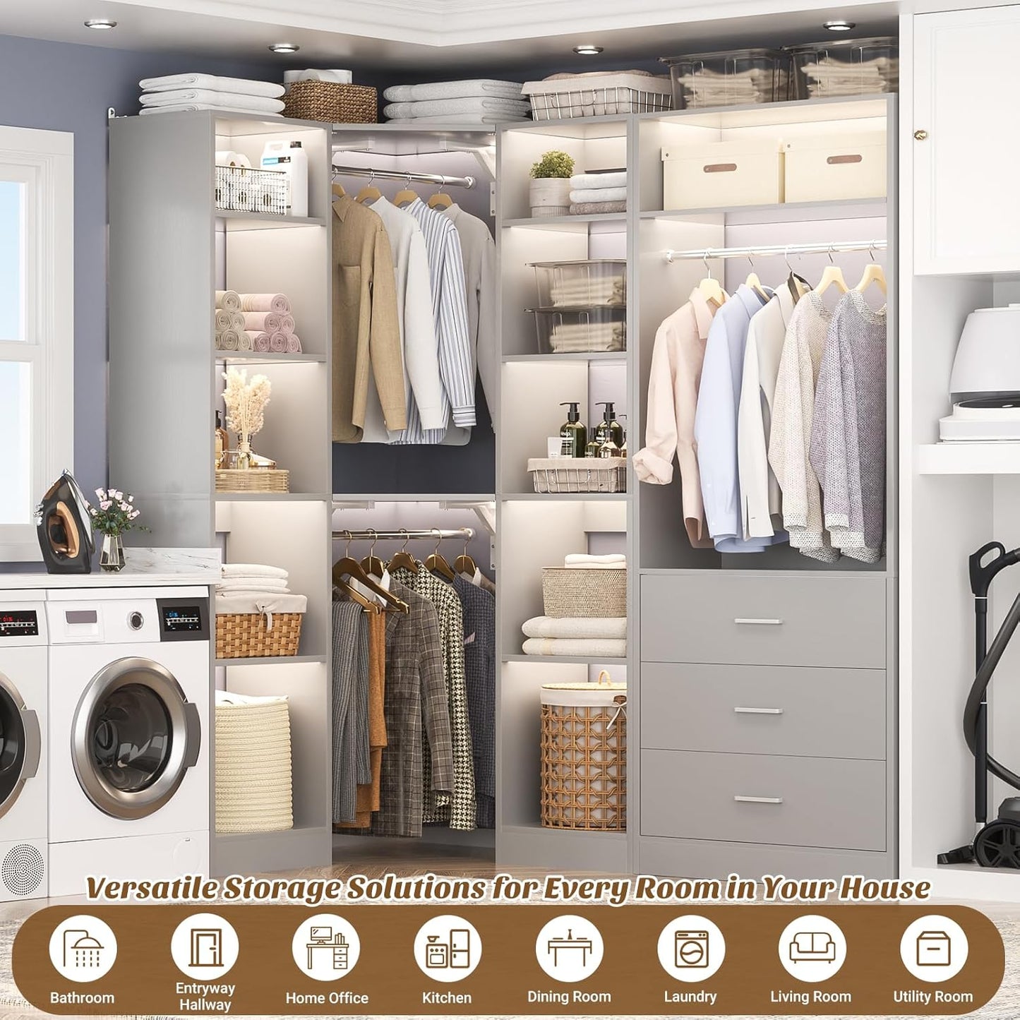 Corner Closet System with 3 Drawers, Corner Closet Organizer System with 13 Shelves & 3 Hanging Rods, 63.2"L * 39.2"W Reversible L Shaped Walk-in Closets, Load 2000+LBS, Grey