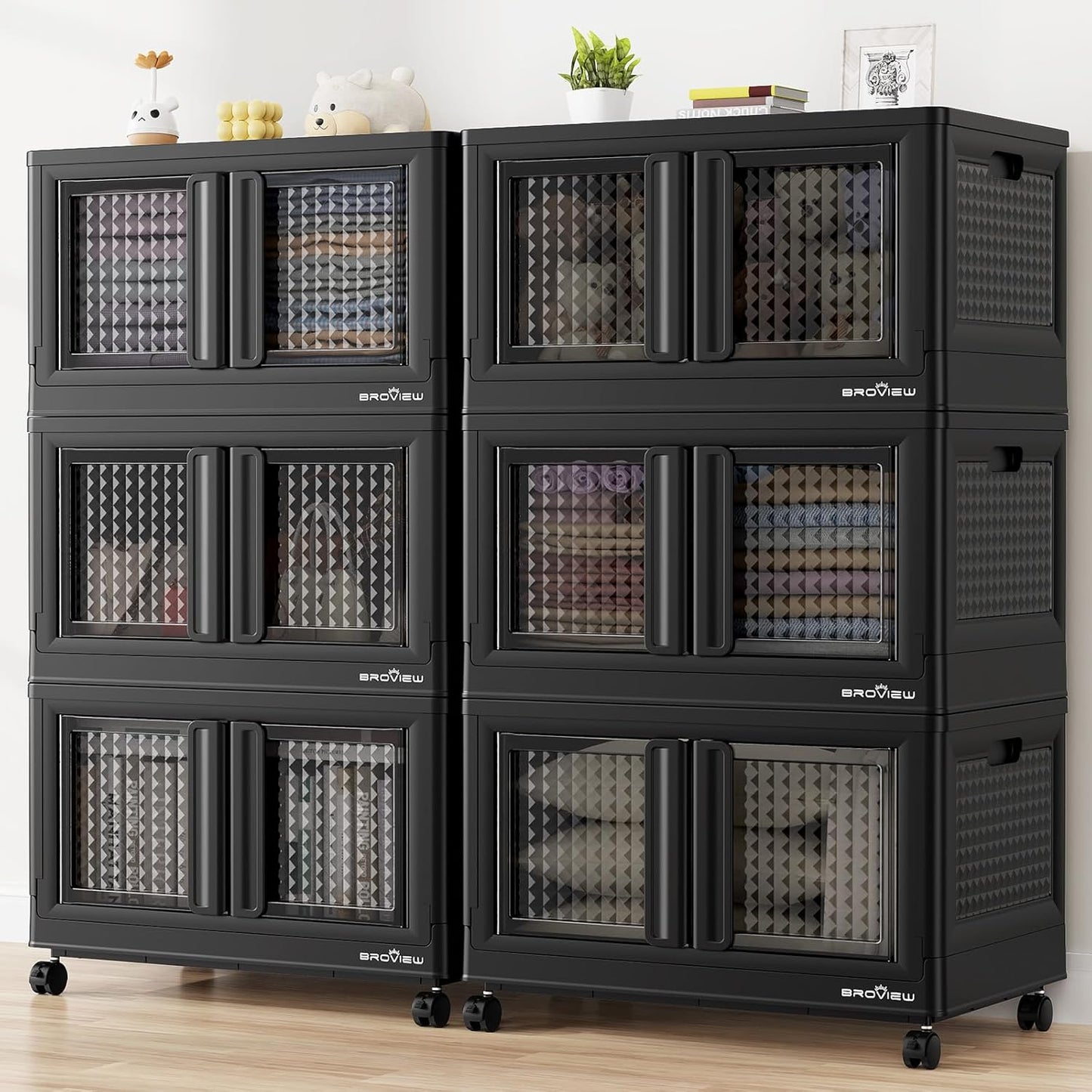 BROVIEW 120Gal Stackable Storage Bins with Lids & Wheels, 480Qt Plastic Collapsible Closet Organizer and Storage Drawers, Storage Boxes Cabinets for Home, Office, 6 Pack, Black