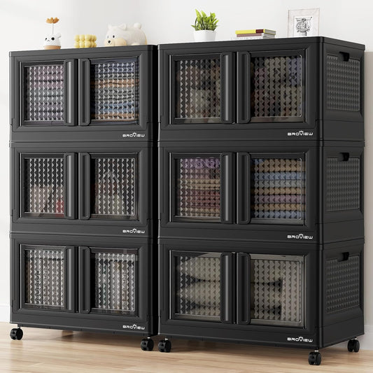 BROVIEW 120Gal Stackable Storage Bins with Lids & Wheels, 480Qt Plastic Collapsible Closet Organizer and Storage Drawers, Storage Boxes Cabinets for Home, Office, 6 Pack, Black