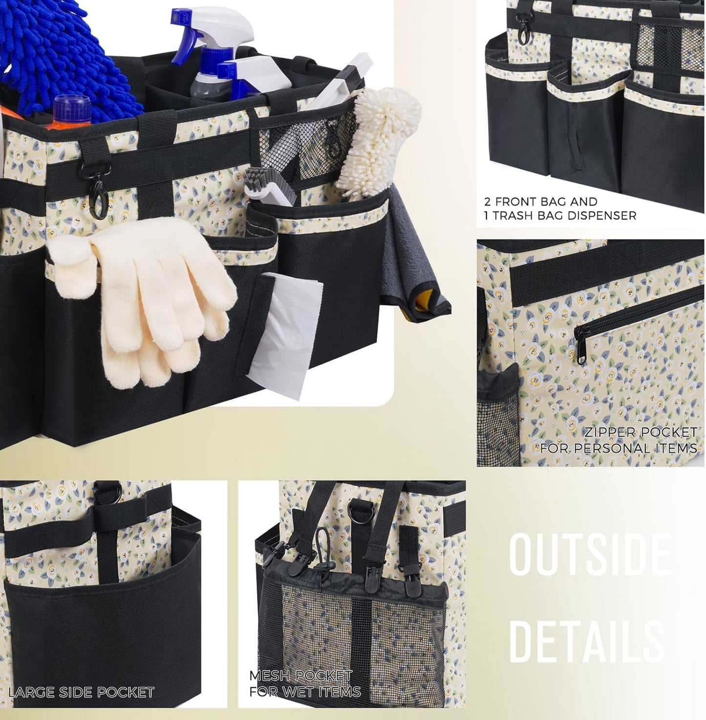 Wearable Cleaning Caddy, Cleaning Caddy Supplies Organizer with Handle & Shoulder Straps for Housekeepers, Under Sink & Car Cleaning Tool Organizers Bag with 4 Foldable Divider (YellowFlower)